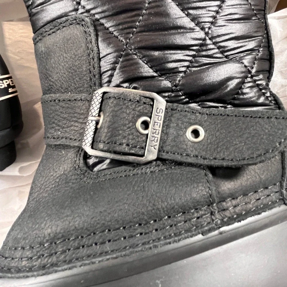 Sperry Saltwater Tall Nylon Duck Boots Womens 8.5 Black NEW w/Box Quilted Buckle